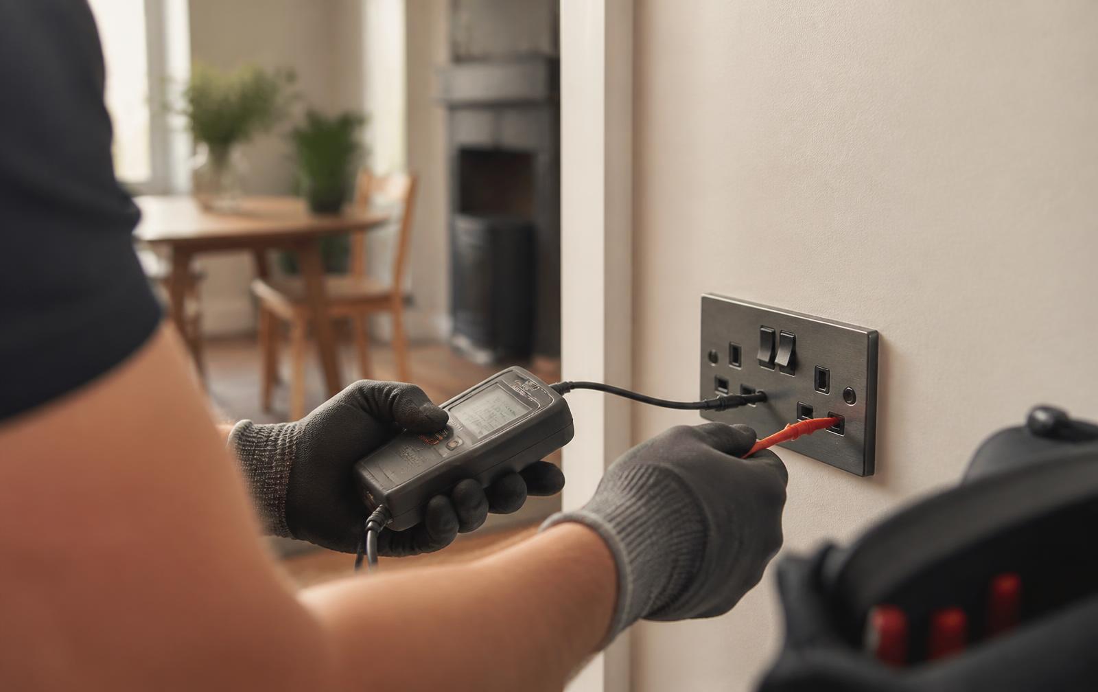 Electrician testing a socket outlet with a multifunction tester in a Norfolk home