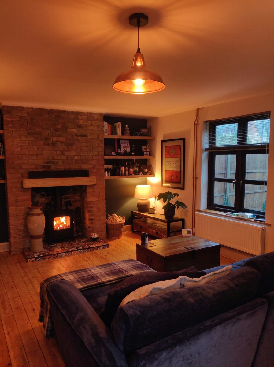 Cosy living room with a glowing copper industrial pendant light, solid oak shelving and stripped varnished floorboards, completed by Acorn